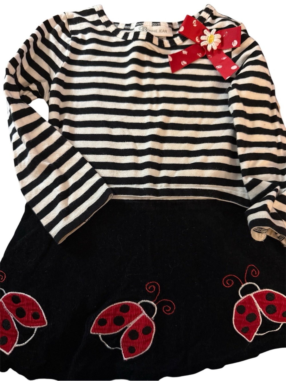Bonnie Jean 3T Ladybug Dress Black White Striped Red Bow